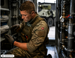 Soldat i camouflageuniform med dansk flag på skulderen arbejder med en skruetrækker i et åbent el-panel, iført handsker og værktøjsvest i et teknisk rum med rør og en trykmåler, og et pansret køretøj ses udenfor gennem åbningen. Tekst i billedet: "AI GENERATED".